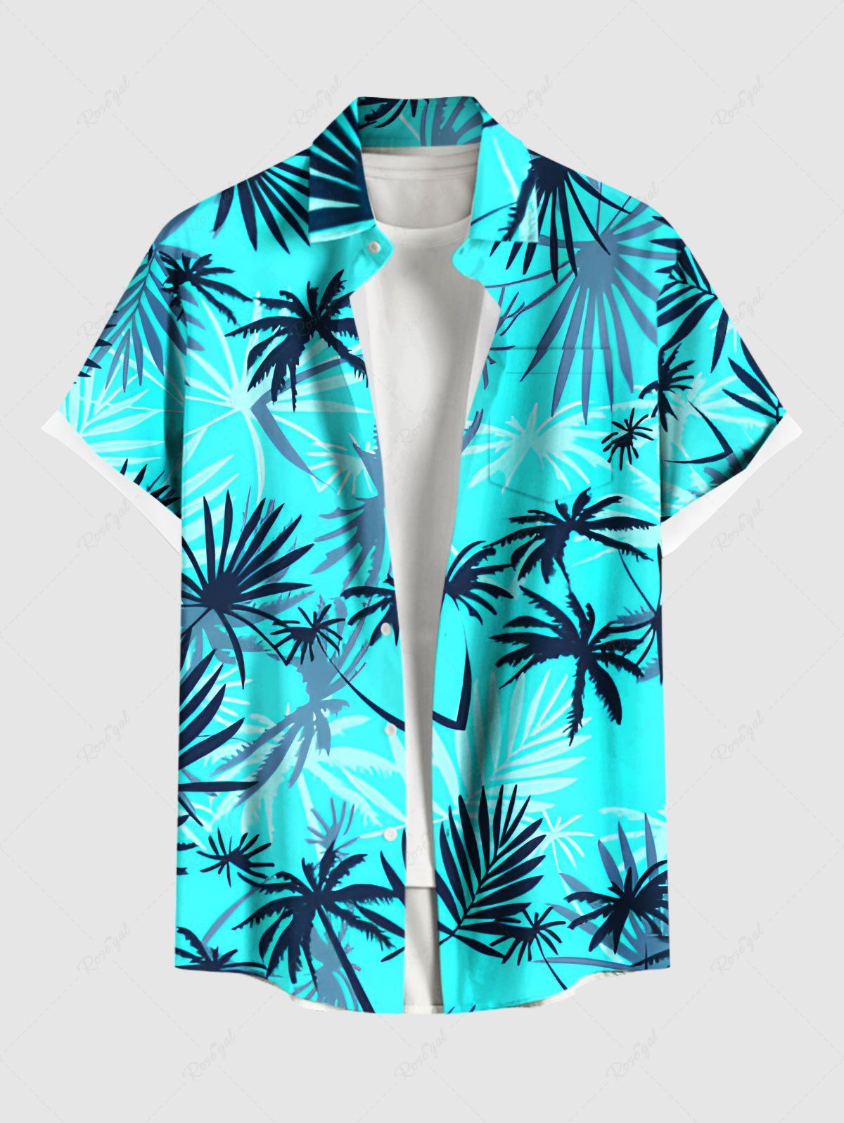 Affordable Plus Size Coconut Tree Print Buttons Pocket Hawaii Shirt For Men  