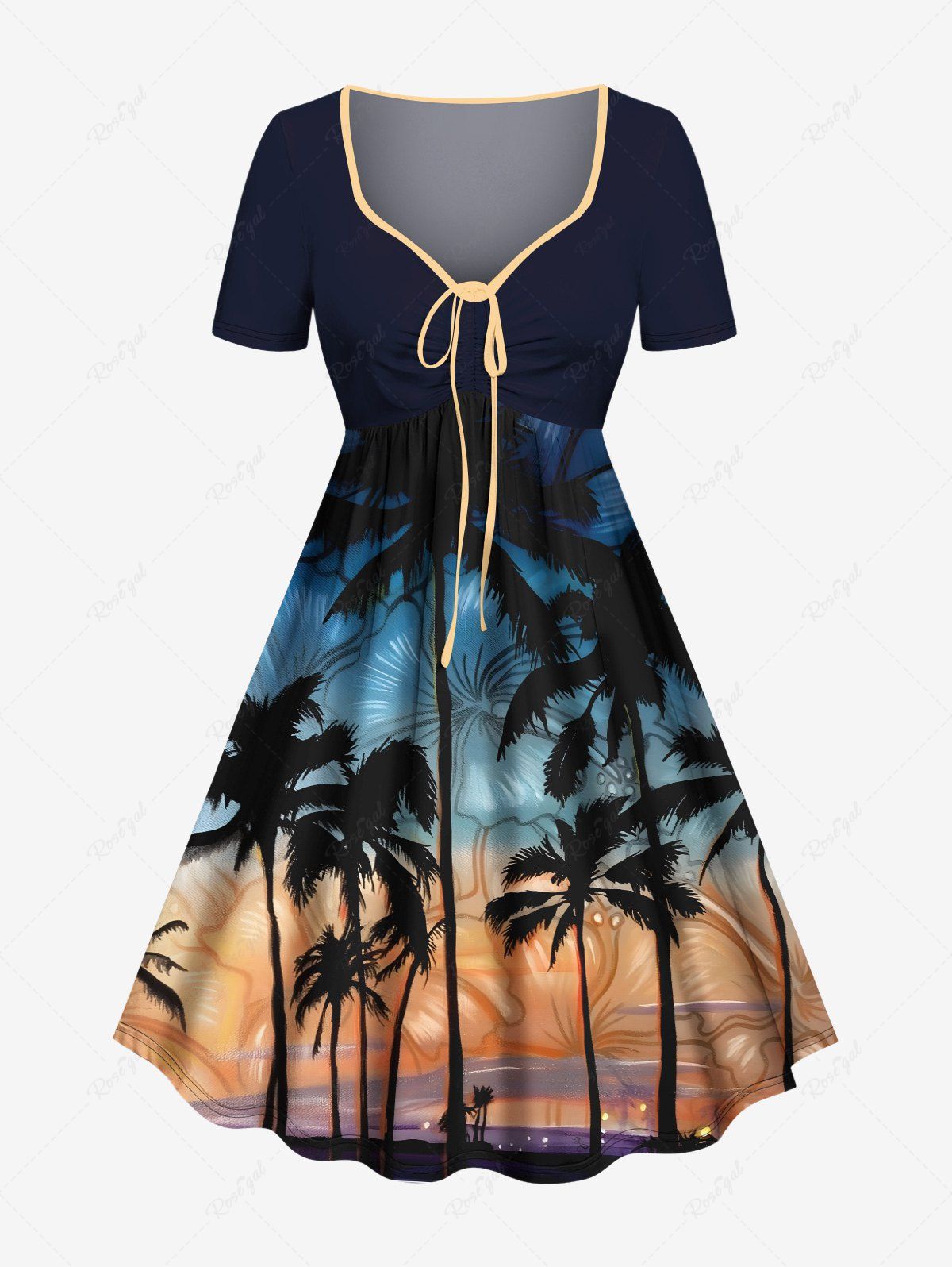 Online Plus Size Coconut Tree Tropical Flowers Seascape Print Cinched Hawaii Dress  
