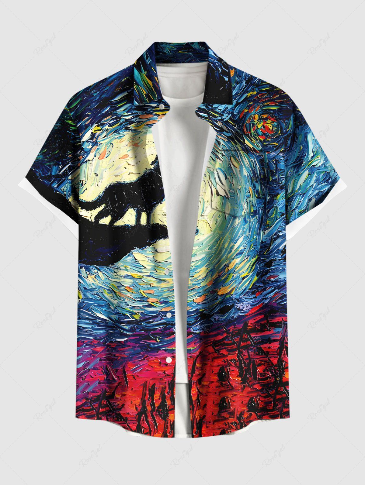 Cheap Plus Size Oil Painting Wolf Moon Swirls Print Buttons Pocket Hawaii Shirt For Men  