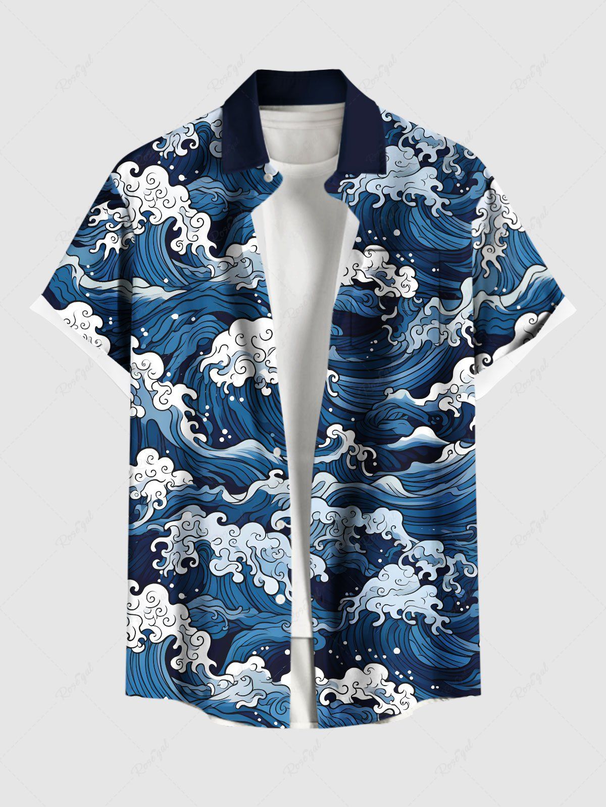 New Plus Size Sea Waves Print Cruise Buttons Pocket Hawaii Shirt For Men  
