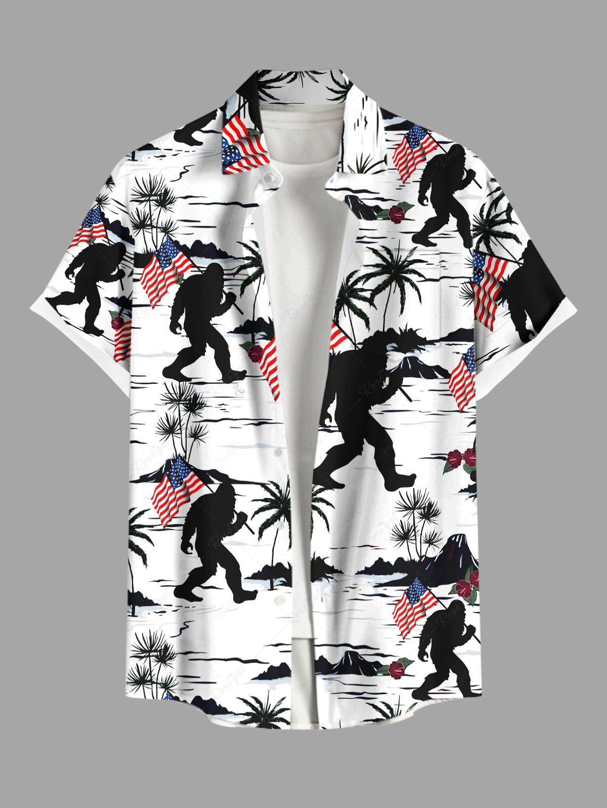 Outfit Plus Size Patriotic American Flag Coconut Tree Gorillas Print Buttons Pocket Shirt For Men  