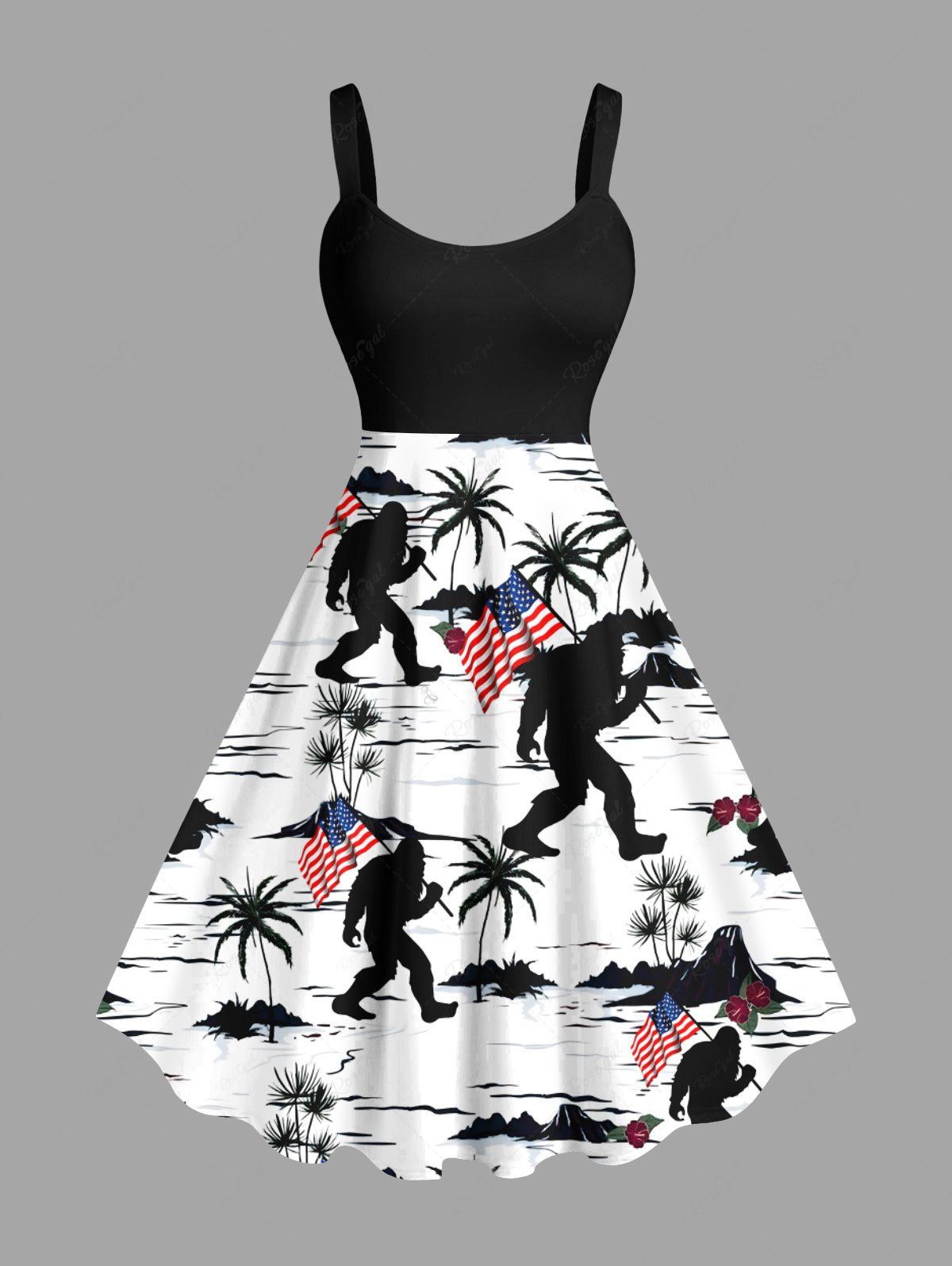 Discount Plus Size Patriotic American Flag Coconut Tree Gorillas Print Tank Dress  