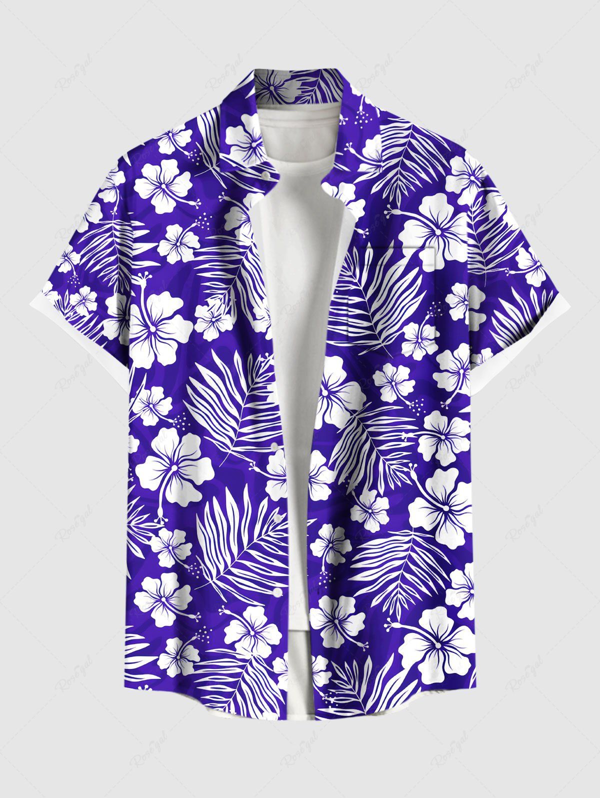 Fashion Plus Size Tropical Leaf Hibiscus Flowers Print Buttons Pocket Hawaii Shirt For Men  