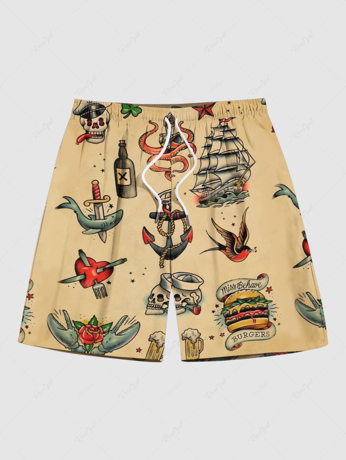 New Plus Size Hamburger Skull Fish Anchor Sailboat Heart Print Hawaii Beach Shorts For Men  