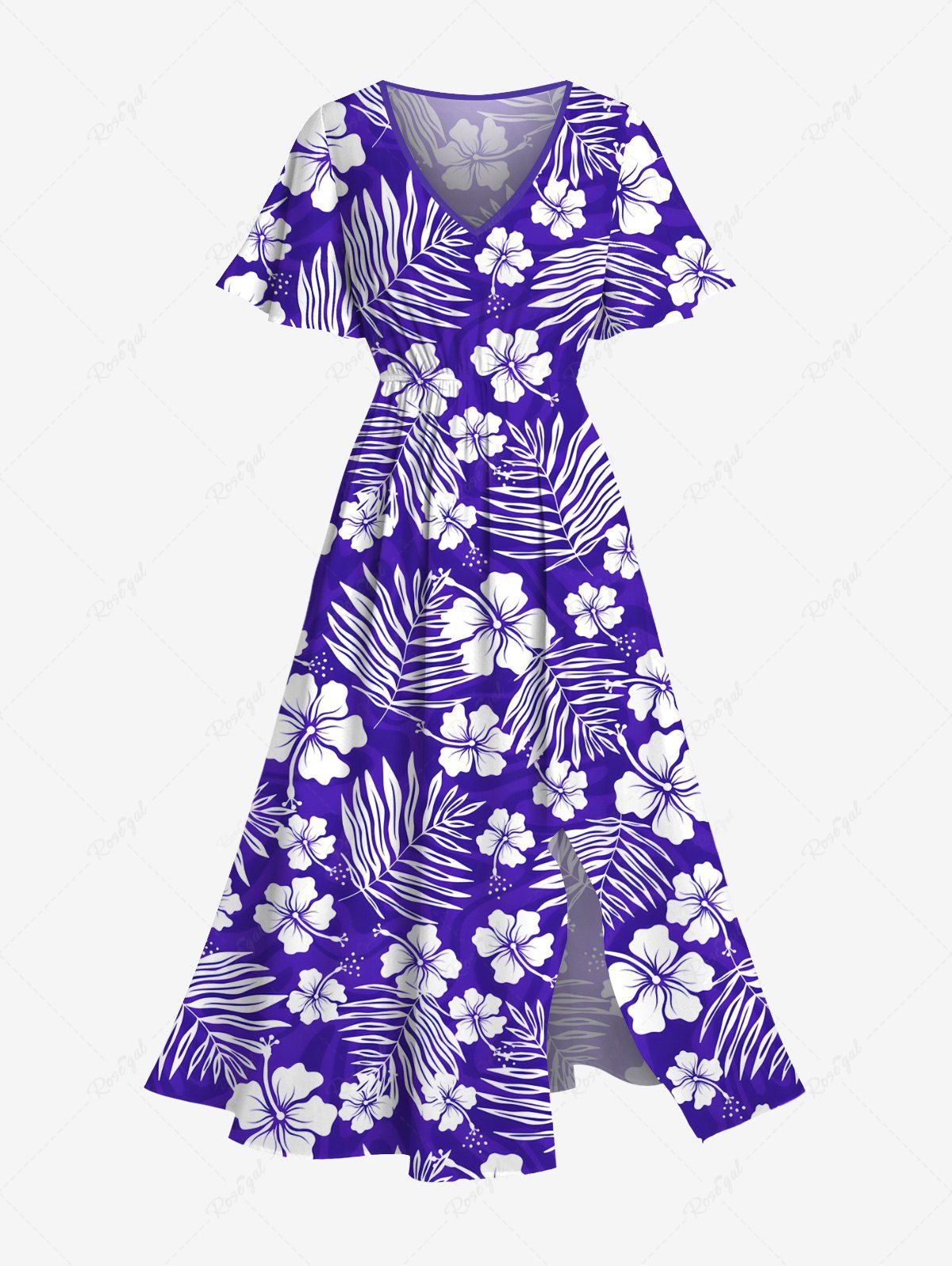 Chic Plus Size Tropical Leaf Hibiscus Flowers Print Split Hawaii Midi Dress  