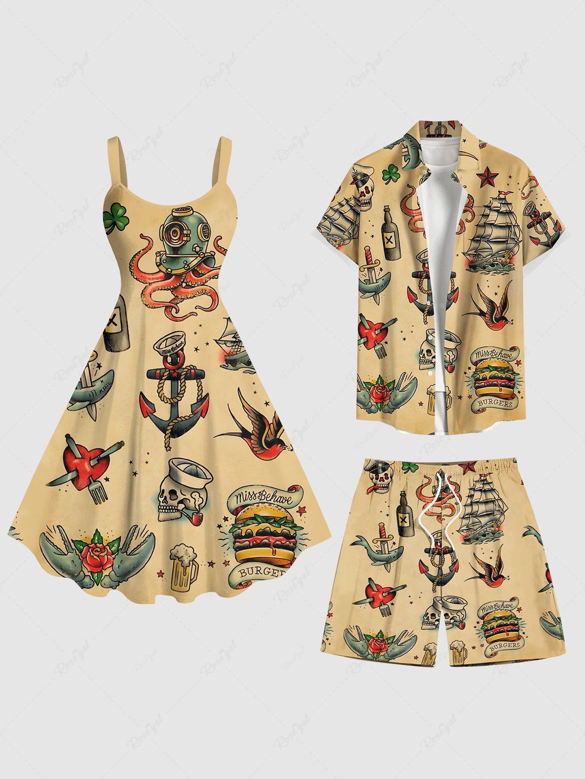 Discount Hamburger Skull Fish Anchor Sailboat Heart Print Plus Size Matching Hawaii Cruise Beach Outfit For Couples  