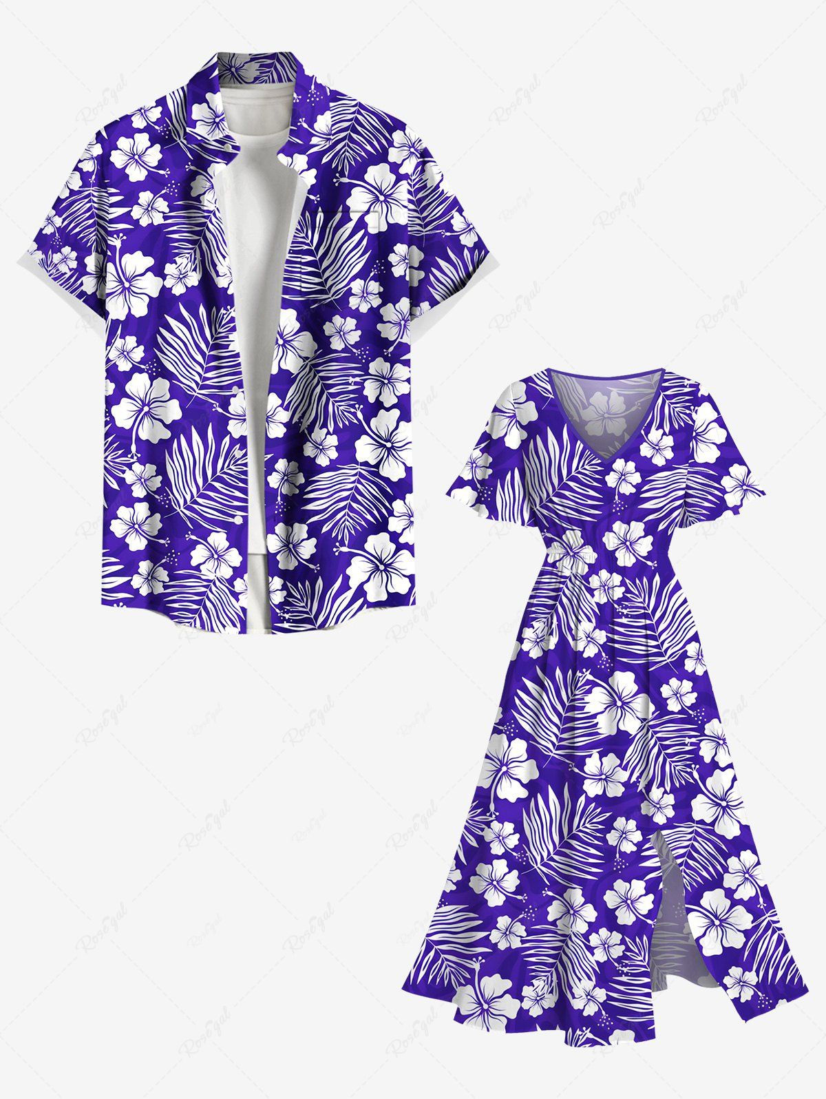 Tenue de Plage Hawaiien Imprimé Fleurs et Feuilles Tropicales Grande Taille pour Couples Pourpre  