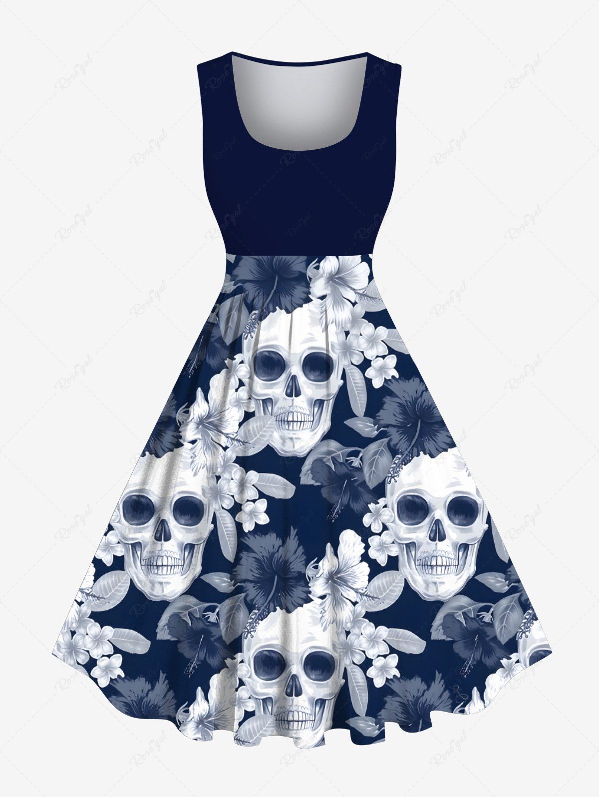 Hot Plus Size Skulls Hibiscus Flower Leaf Print Hawaii 1950s Vintage Dress  