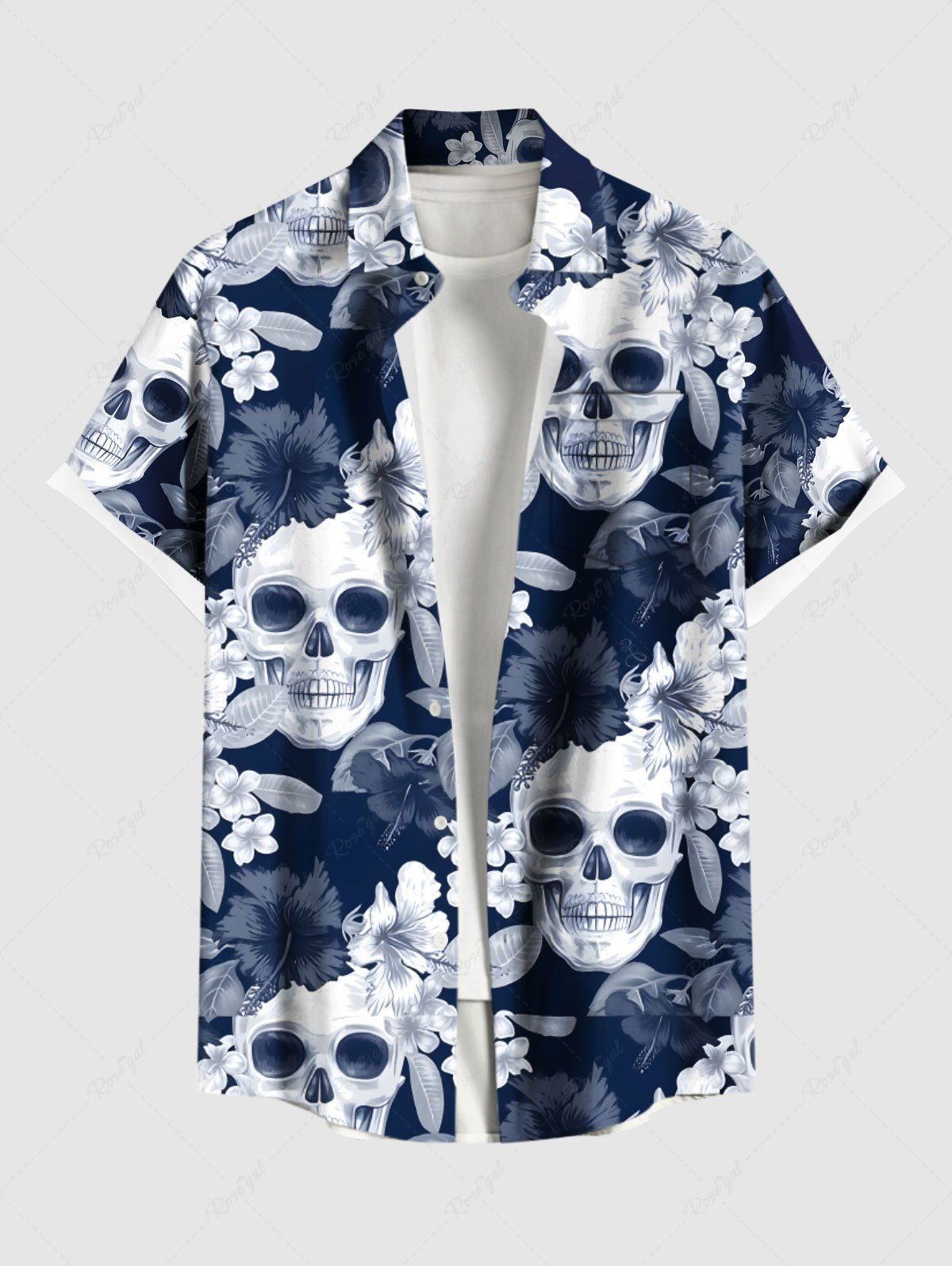 Discount Plus Size Skull Hibiscus Flower Leaf Print Buttons Pocket Hawaii Shirt For Men  