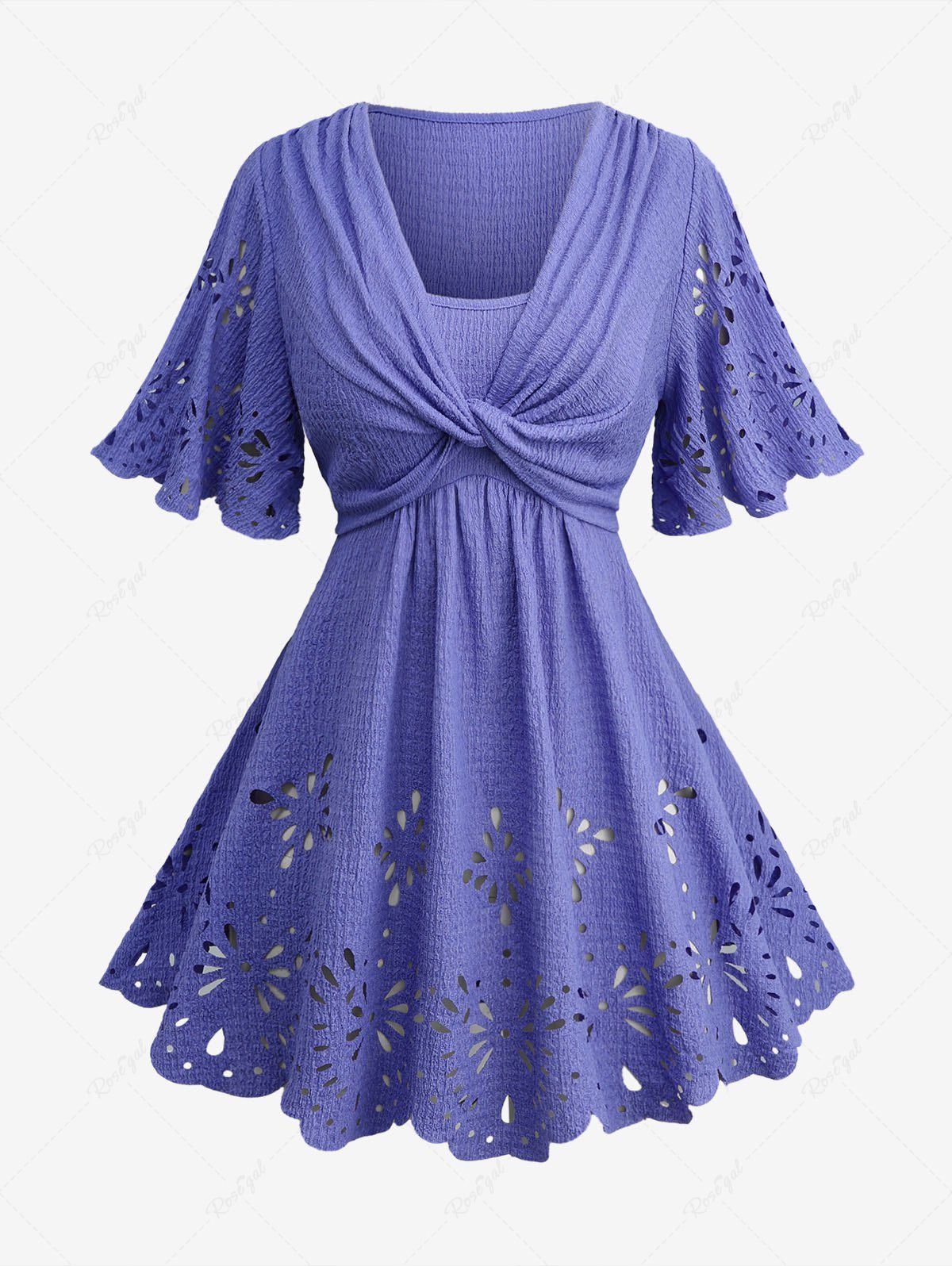 Hot Plus Size Twist Floral Hollow Out Plisse Top  