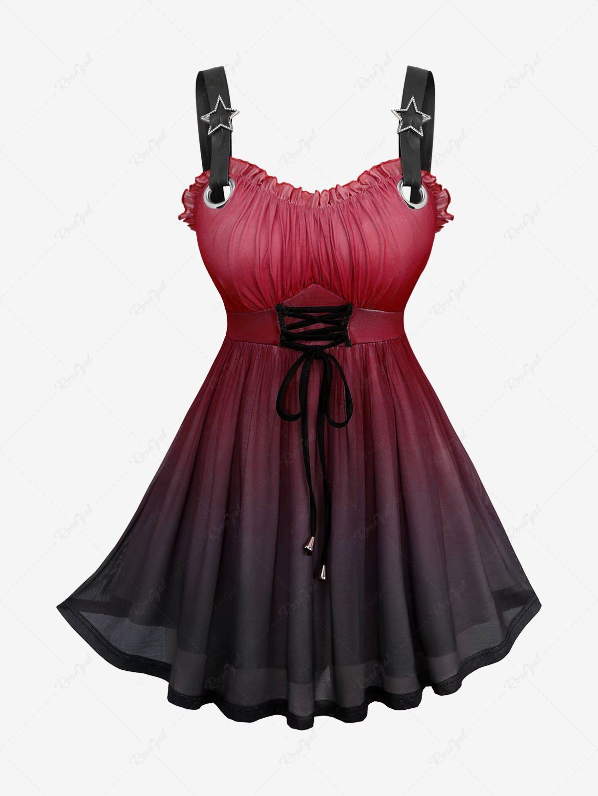 Latest Plus Size Ombre Print Lace Up Ruched Ruffles Star Buckle Tank Top  