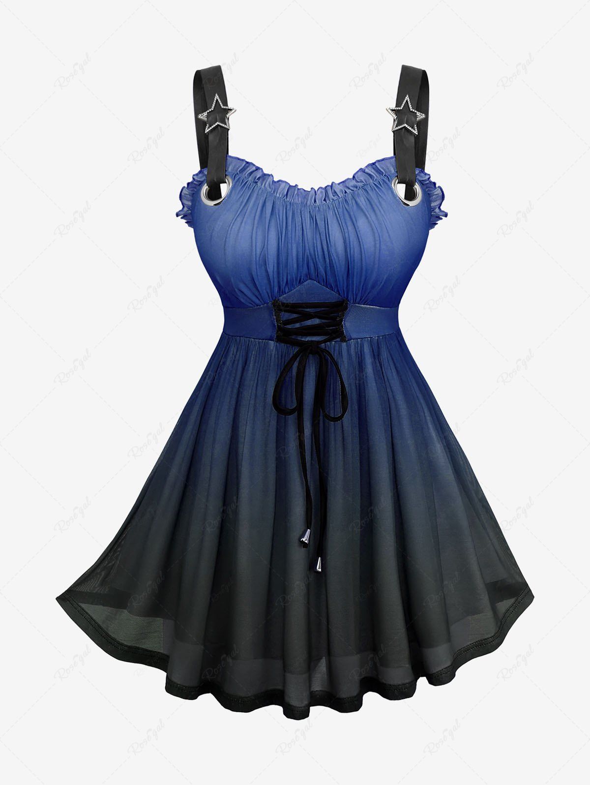 Shops Plus Size Ombre Print Lace Up Ruched Ruffles Star Buckle Tank Top  