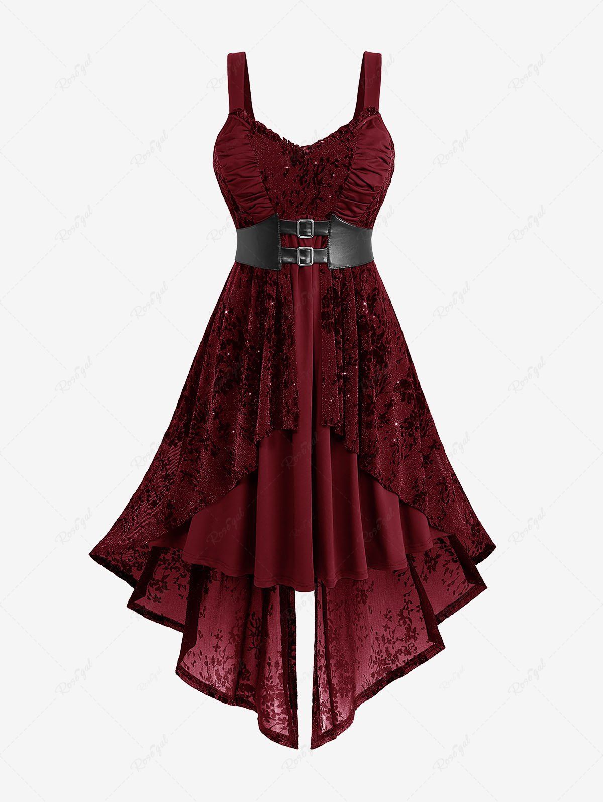 Buy Gothic Plus Size Glitter Floral Flocking Ruched PU Panel Belted Split Layered High Low Asymmetric A Line Tank Dress  