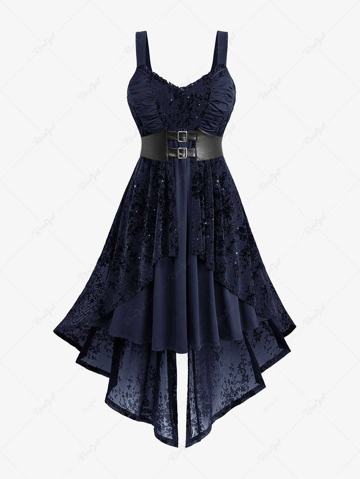 Unique Gothic Plus Size Glitter Floral Flocking Ruched PU Panel Belted Split Layered High Low Asymmetric A Line Tank Dress  