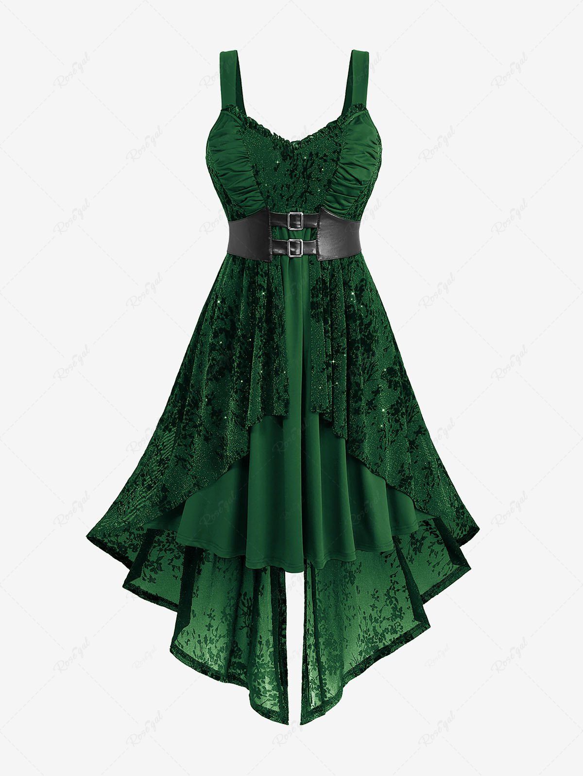 Discount Gothic Plus Size Glitter Floral Flocking Ruched PU Panel Belted Split Layered High Low Asymmetric A Line Tank Dress  
