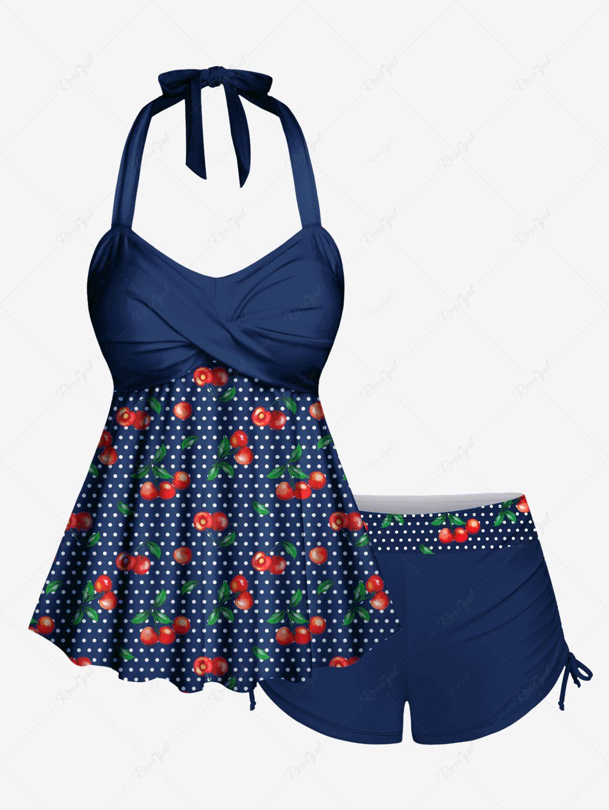 Affordable 1950s Retro Cherry Dots Print Halter Ruched Cinched Boyleg Tankini Swimsuit  