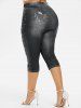 Floral Graphic Handkerchief Asymmetric Top and 3D Lace Up Jean Print Capri Leggings Plus Size Outfit - Violet clair 