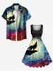 Robe Vintage Hawaii Peinture à L'Huile Loup Imprimée de Grande Taille - Noir M