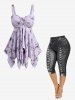 Floral Graphic Handkerchief Asymmetric Top and 3D Lace Up Jean Print Capri Leggings Plus Size Outfit -  