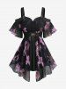 Plus Size Flowers Print Buckle Waist Chiffon Asymmetrical Cold Shoulder Blouse -  