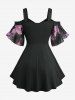 Plus Size Flowers Print Buckle Waist Chiffon Asymmetrical Cold Shoulder Blouse -  