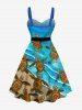 Plus Size Cute Turtle Sea Beach Print Hawaii Sea Creatures Ombre Turn-down Button A Line Dress with Removable Belt -  