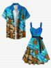 Plus Size Cute Turtle Sea Beach Print Hawaii Sea Creatures Ombre Turn-down Button A Line Dress with Removable Belt -  