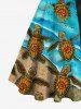 Plus Size Cute Turtle Sea Beach Print Hawaii Sea Creatures Ombre Turn-down Button A Line Dress with Removable Belt -  