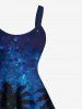 Robe Ligne A Arbre Noix de Coco et Galaxie Imprimés de Grande Taille à Paillettes - Bleu 6X