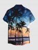 Plus Size Coconut Tree Tropical Flowers Seascape Print Buttons Pocket Hawaii Shirt For Men -  