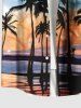 Plus Size Coconut Tree Tropical Flowers Seascape Print Buttons Pocket Hawaii Shirt For Men -  