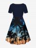 Plus Size Coconut Tree Tropical Flowers Seascape Print Cinched Hawaii Dress -  
