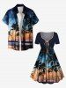 Plus Size Coconut Tree Tropical Flowers Seascape Print Cinched Hawaii Dress -  