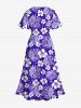 Robe Mi-Longue Fendue Fleur D'Hibiscus et Feuille Tropicale Imprimées de Grande Taille - Pourpre  XXS
