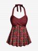 1950s Retro Cherry Dots Print Halter Ruched Cinched Boyleg Tankini Swimsuit -  