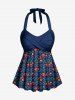 1950s Retro Cherry Dots Print Halter Ruched Cinched Boyleg Tankini Swimsuit -  