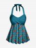 1950s Retro Cherry Dots Print Halter Ruched Cinched Boyleg Tankini Swimsuit -  