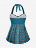 1950s Retro Cherry Dots Print Halter Ruched Cinched Boyleg Tankini Swimsuit -  