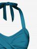 1950s Retro Cherry Dots Print Halter Ruched Cinched Boyleg Tankini Swimsuit -  