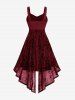 Gothic Plus Size Glitter Floral Flocking Ruched PU Panel Belted Split Layered High Low Asymmetric A Line Tank Dress -  