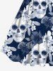 Robe D'Halloween Vintage Crâne Fleur Imprimées Grande Taille - Bleu de Minuit XXS