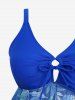 Plus Size Tropical Flowers Leaf Print Cinched Hollow Out Panel Asymmetrical Boyleg Tankini Swimsuit -  
