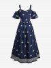 Plus Size Floral Pattern Coconut Tree Embroidery Twist Cold Shoulder Dress -  