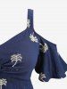 Plus Size Floral Pattern Coconut Tree Embroidery Twist Cold Shoulder Dress -  