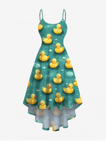Plus Size Cute Duck Raindrop Print Hawaii High Low Asymmetric Cami Dress - GREEN - 3X