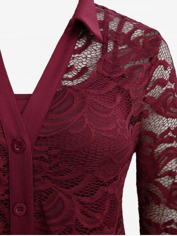 Plus Size Lace Flower Sheer Blouse and Cami Top Set