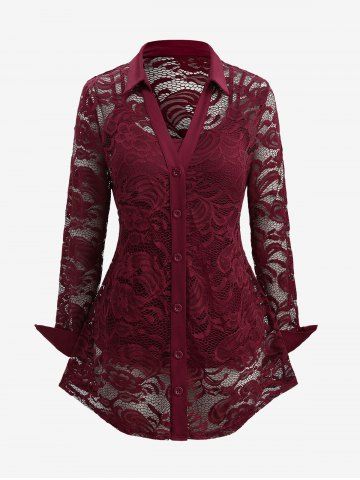 Plus Size Lace Flower Sheer Blouse and Cami Top Set - DEEP RED - 3X | US 22-24