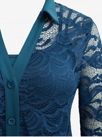 Plus Size Lace Flower Sheer Blouse and Cami Top Set