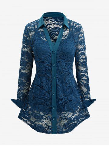 Plus Size Lace Flower Sheer Blouse and Cami Top Set
