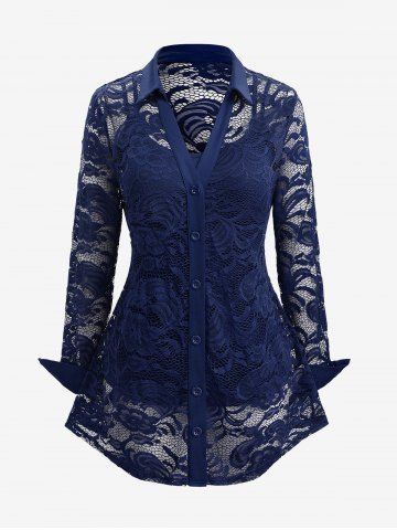 Plus Size Lace Flower Sheer Blouse and Cami Top Set - DEEP BLUE - 4X | US 26-28